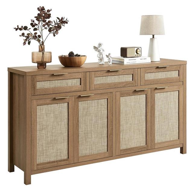 HOKYHOKY Rattan Sideboard Buffet Cabinet, Boho Storage Cabinet with Adjustable Shelves, Farmhouse Credenza Coffee Bar Cabinets with 4 Doors & 3 Drawers for Living Room, Hallway & Kitchen