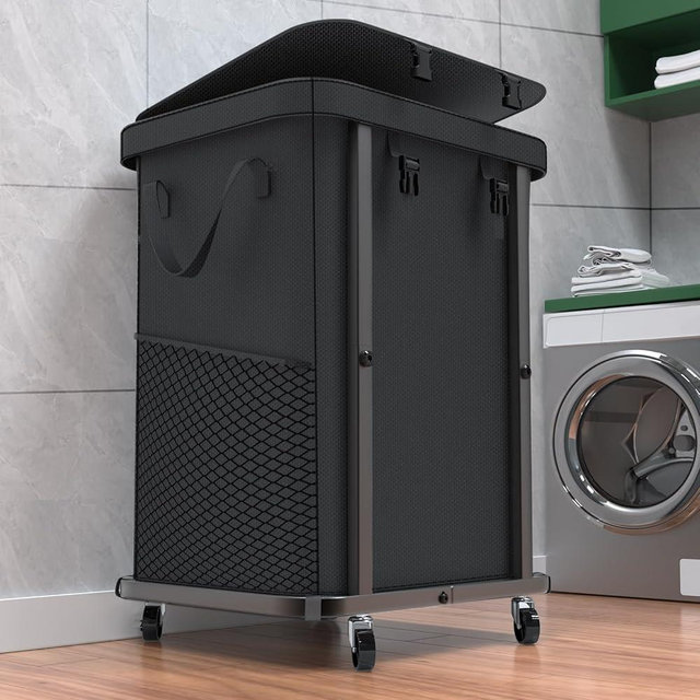 40 Gal(150L) High Grade Large Laundry Basket with Wheels, Rolling Laundry Hamper, Laundry Cart with Metal Frame and Removable Bag Design, Suitable for Laundry Room, Bedroom, Dorm Room (Black, 150L)