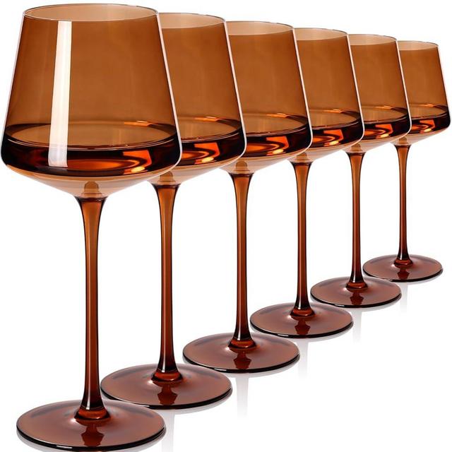 Cyrelwing Dark Amber Wine Glasses Set of 6,18oz Amber Wine Glassware Gift Set for Wife & Mom-Colorful Hand Blown Glass Drinkware for Red White Wine