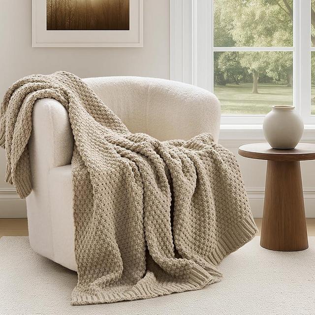 EVERGRACEHOME Chunky Chenille Knit Throw Blanket for Couch, Soft Luxurious Moss Stitch Blankets for Bed, Cozy Decorative Farmhouse Knitted Throws for Sofa, Sand Dune, 50" x 60"