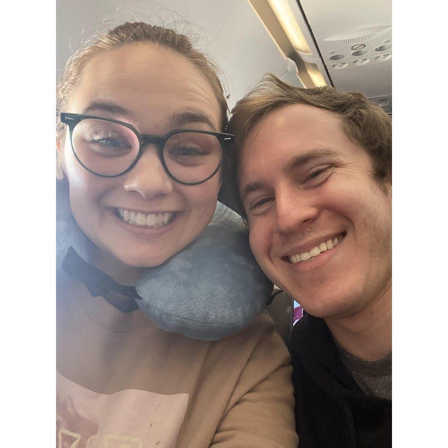 Maggie's first time on a plane (the neck pillow is a must)! Flying to Arizona for Noa and David's wedding.