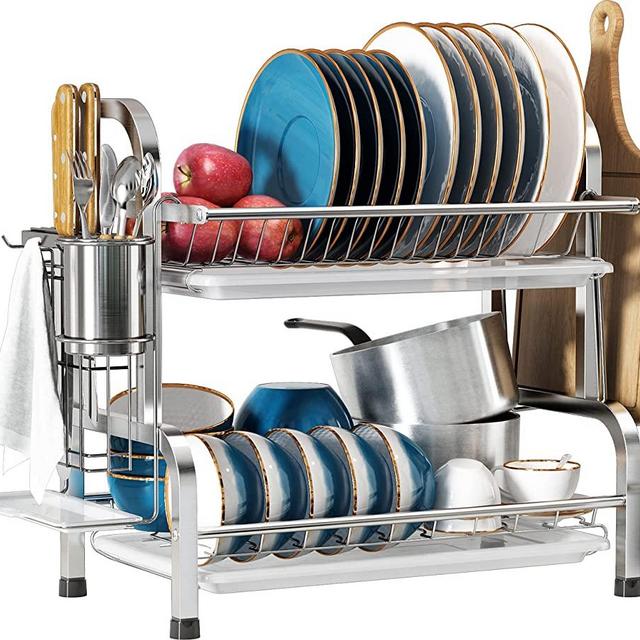 Dish Drying Rack, Romision 2 Tier Dish Rack Drainboard Set, Stainless Steel Compact Dish Drainer for Kitchen Counter with Utensil Knife Holder, Cutting Board Holder and 3 Removable Drain Board(Silver)