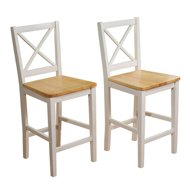 Buylateral Set of 2 Virginia Farmhouse Solid Wood Cross Back Counter Height Barstools White/Natural: Rubberwood Frame, X-Back Design