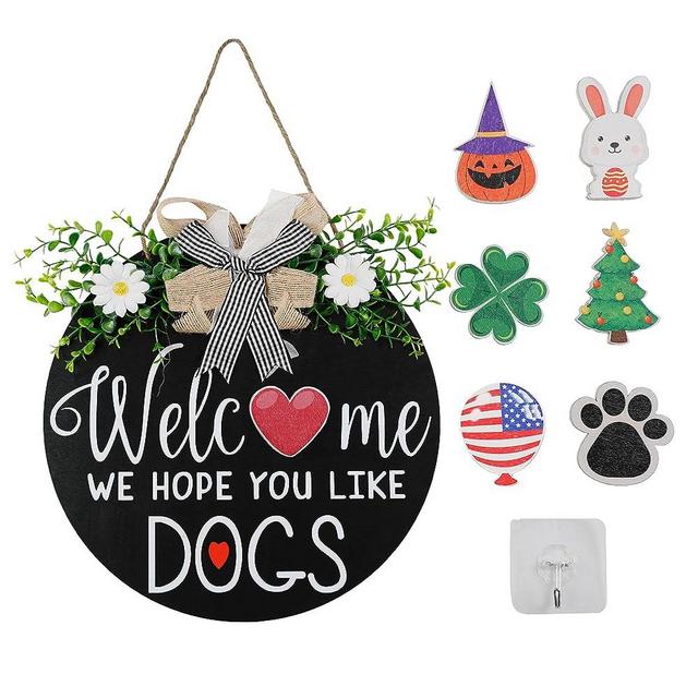 Zavothy Interchangeable Welcome Wreath Sign for Farmhouse Front Porch Decor - We Hope You Like Dogs, for Independence Day All Seasons Holiday Halloween Christmas Home Decoration