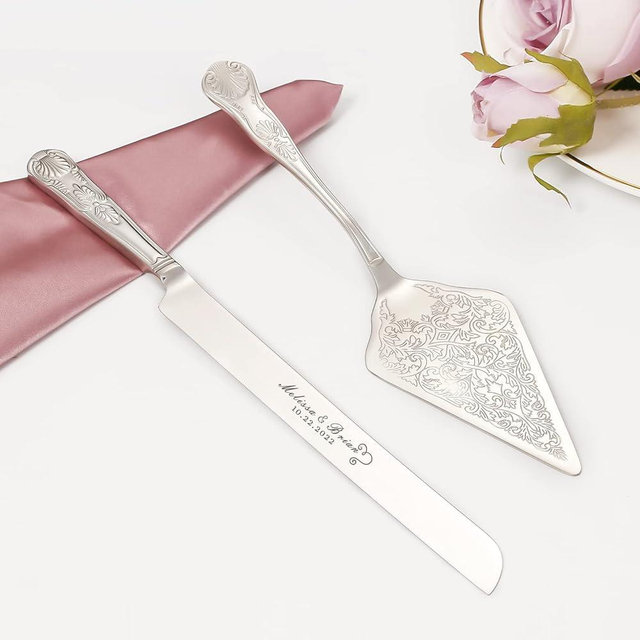 TUKDAK Silver Cake Knife and Server Set, Personalized Cake Cutting Set For Wedding, Cake Cutter Pie Pizza Server Set, Engraved Cake Serving Set for Anniversary Birthday Party Gift (Silver)