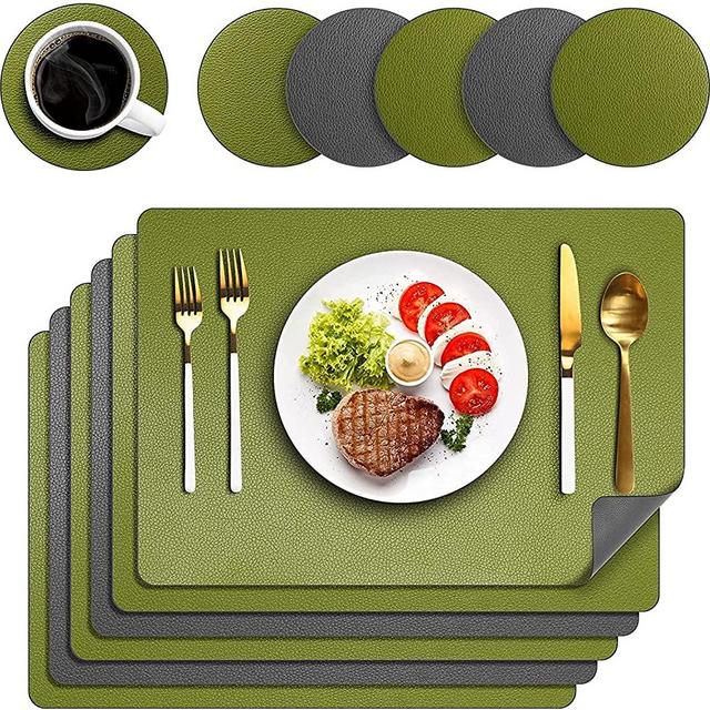 Placemats Set of 6 for Dining Table, Waterproof Leather Heat Resistant Dining Table Place Mats for Kitchen Table, Non-Slip PU Table Mats Wipeable Washable, 12 x 17 inches (Green&Gray)