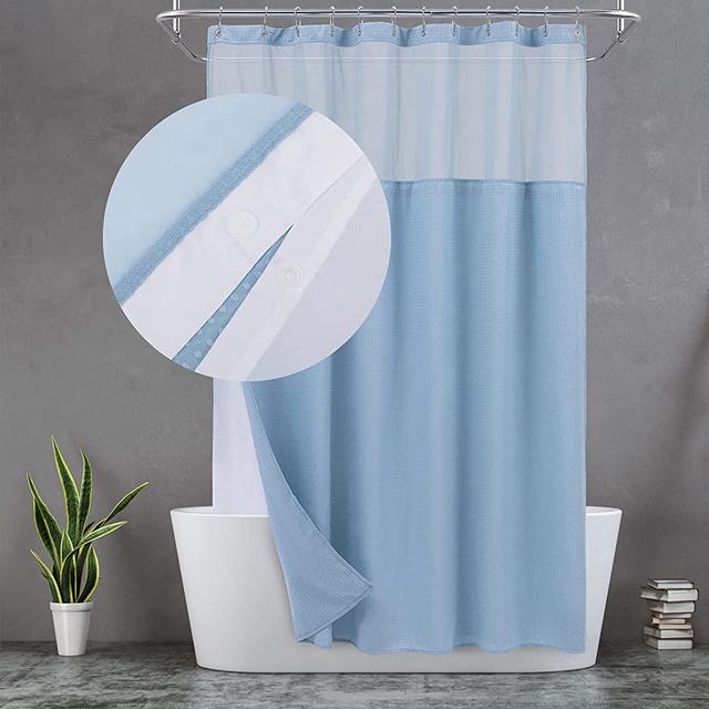 Waffle Weave Shower Curtain with Snap-in Fabric Liner Set, 12 Hooks Included - Hotel Style, Waterproof & Washable, Heavyweight Fabric & Mesh Top Window - 71x72, Blue