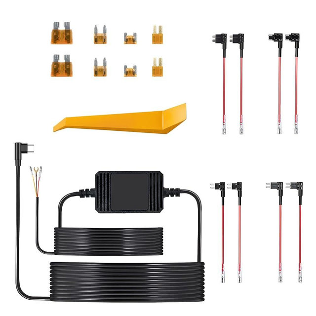 VIRROW Multi-Size Dash Cam Hardwire Kit, 11.5ft 24H Parking Monitoring, Low Voltage Protection, 4 Types of Fuses Adapters USB C Power Port Hardwire Hit for Dash Camera（for X5 X7 V9