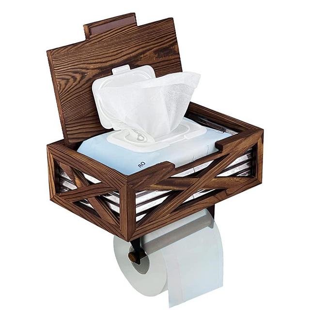 Wooden Rustic Toilet Paper Holder with Shelf and Storage, Adhesive or Screw Wall Mount Flushable Wipes Dispenser, Farmhouse Bathroom Decor and Accessories