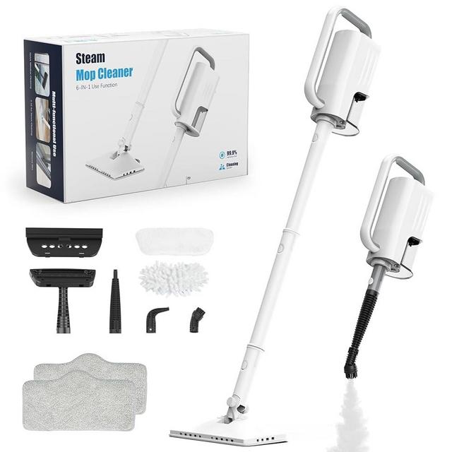 Steam Cleaner, 6 in1 Rotated Steam Mop Cleaner with 2 Modes, 2 Microfiber Pads, 400ML Removable Tank, 23FT Power Cable, Detachable Steam Mops for Floor, Laminate Floor, Tiles Cleaning (White)