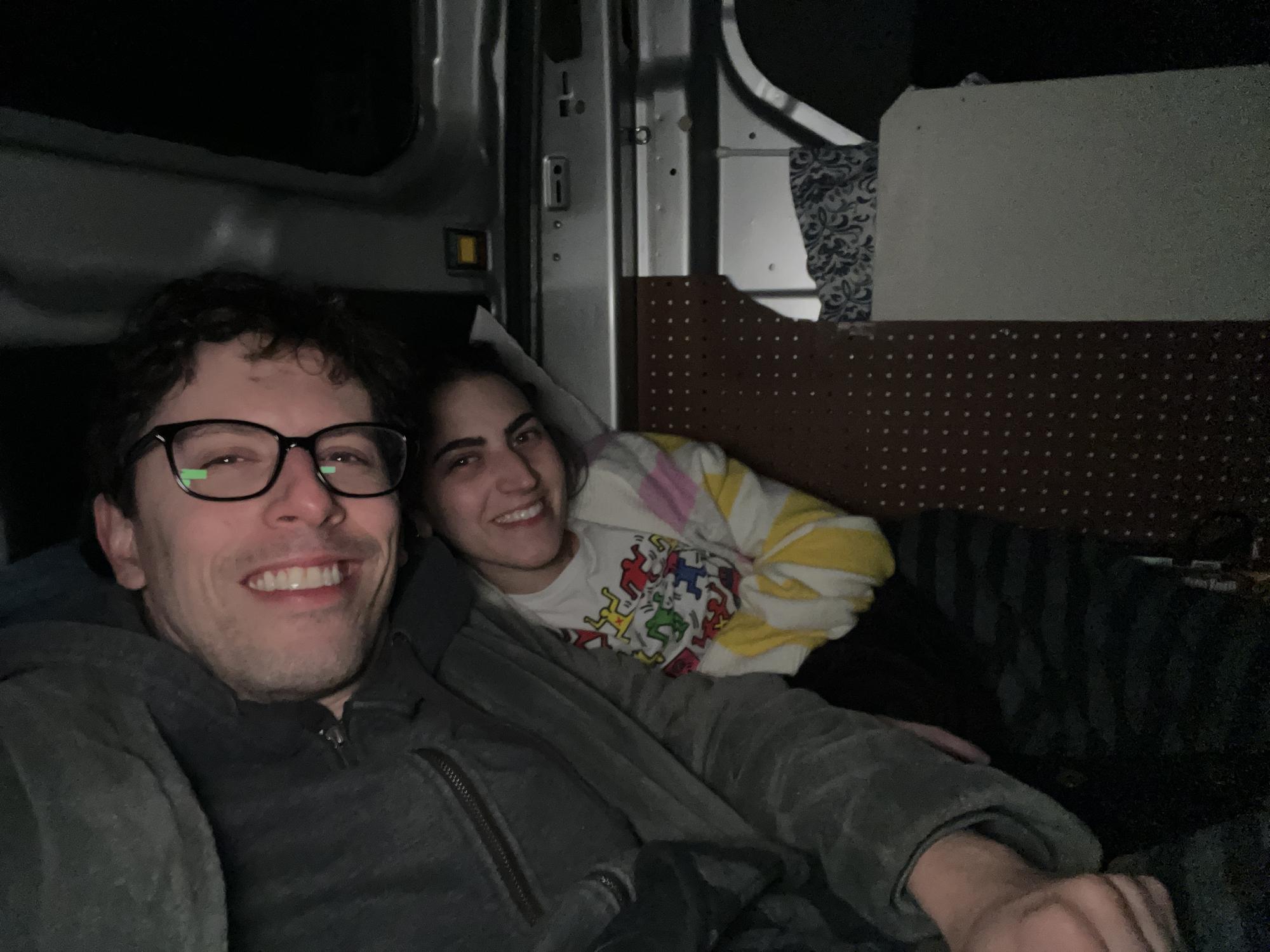Camped outside of the apartment in Ally's new van watching Great British Baking Show on Netflix. December 2021: Worcester, MA.