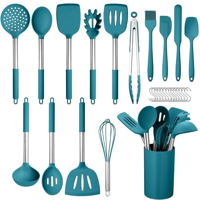 HaWare 29 PCS Silicone Cooking Utensils Set, Heat Resistant Kitchen Utensils Set with Stainless Steel Handle, Spatula Sets with Holder and Hooks, Kitchen Tools Gadgets for Nonstick Cookware -Blue