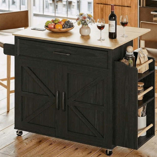 IRONCK Kitchen Island Cart with Storage, Rolling Kitchen Table with Power Outlet, Storage Cabinets on Wheels with Drop Leaf, Portable for Dining Room, Black