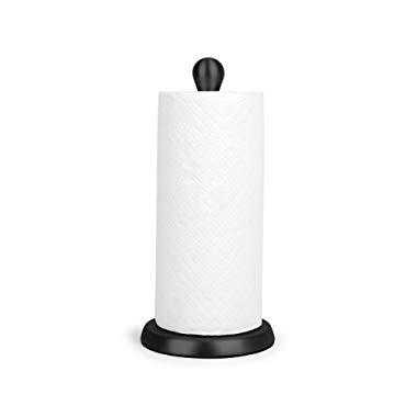 Umbra Tug Modern Stand Up Paper Towel Holder – Easy One-Handed Tear Kitchen Paper Towel Dispenser with Weighted Base for Standard Paper Towel Rolls, Metallic Black