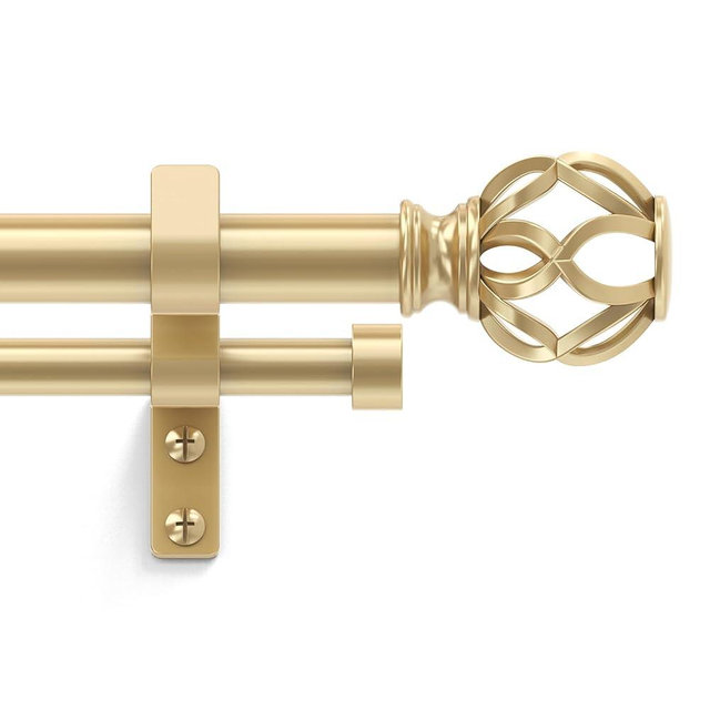 Wolistsa Double Curtain Rod 36-91 Inch, Gold Dual Curtain Rods with Decorative Aluminium Twisted Cage Finial, 1 Inch Adjustable Heavy Duty Telescopic Spliced Window Treatment Rods, All Metal