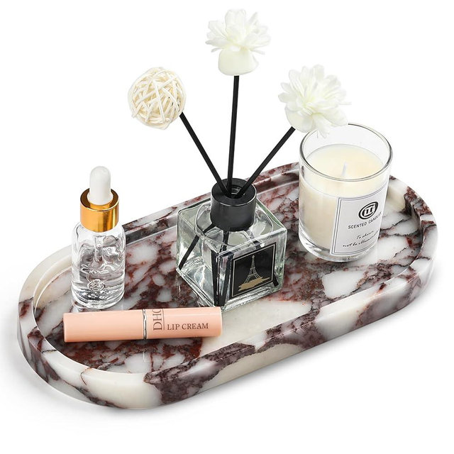 Natural Marble Vanity Tray - Moujings Genuine Marble Perfume Tray for Bathroom Decor, Stone Bathroom Vanity Organizer Tray for Kitchen Counter, Candles, Jewelry, Coffee, Makeup, Key