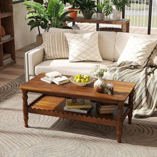 KEIKI 100% Solid Oak Wood Coffee Table for Living Room, Farmhouse Modern Tables with Storage Shelf, 2-Tier Rectangle Center Table for Small Spaces, Easy Assembly, 43.3" Wx21.65 Dx17.7 H, Brown