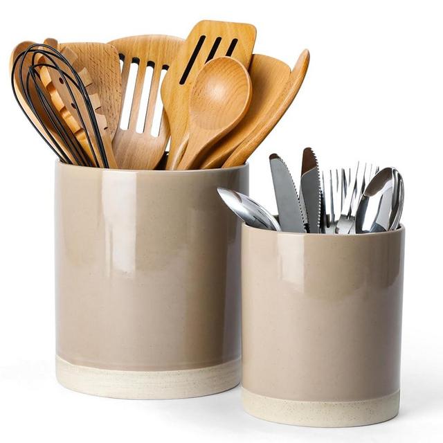 famiware Milkyway Kitchen Utensil Holder for Countertop, Ceramic Cooking Utensil Crocks for Kitchen Counter, Utensil Organizer for Spatula & Spoon, Kitchen Decor, Set of 2, Cinnamon Brown