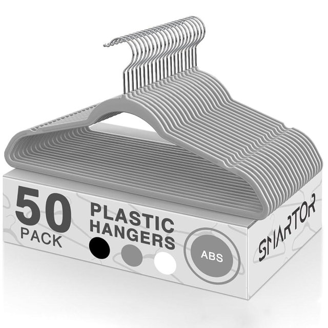 SMARTOR Plastic Hangers 50 Pack, Thin Hangers with 360° Swivel Hook, Non-Velvet Hanger Heavy Duty Clothes Holders for Closet - Durable Adult Hanger, Space Saving Hangars - Grey