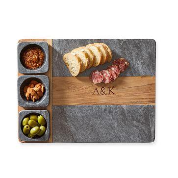 Wood and Marble Appetizer Serving Platter, Charcoal Marble