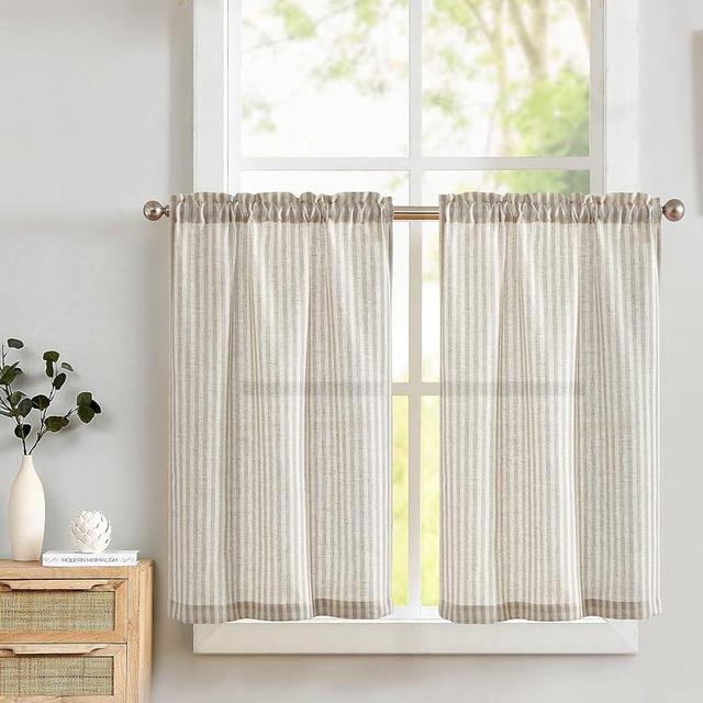 Lazzzy Kitchen Curtains Linen Striped Curtains Grey Tier Curatins Cafe Curtains for Bathroom Kitchen Farmhouse Curtains 24 Inch Length Rod Pocket Window Treatment Tiers 2 Panels Grey on Beige