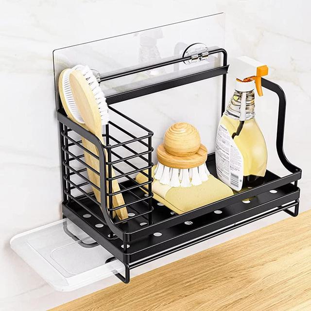 ODesign SUS304 Stainless Steal Kitchen Sink Caddy Organizer, Black Sponge Holder for Kitchen Sink, Kitchen Sink Dish Brush Holder