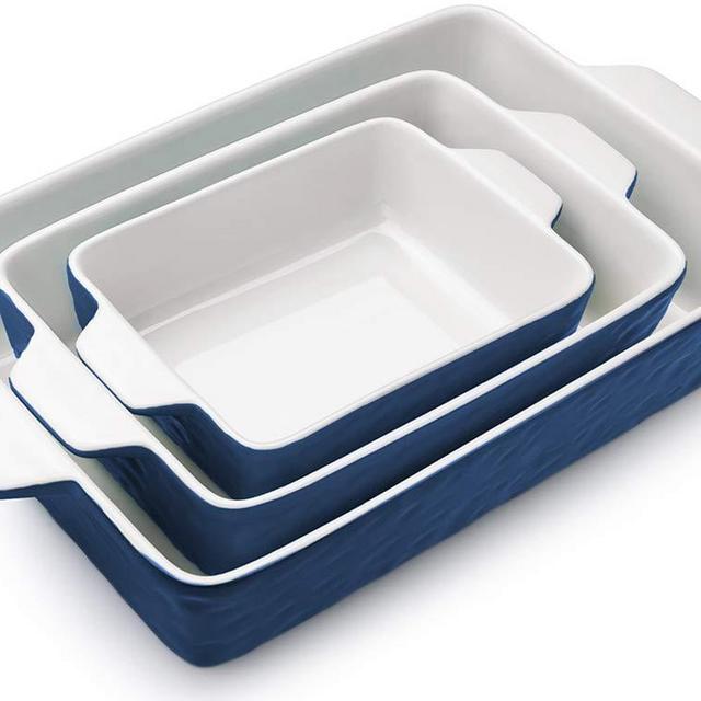 Bakeware Set, Krokori Rectangular Baking Pan Ceramic Glaze Baking Dish for Cooking, Kitchen, Cake Dinner, Banquet and Daily Use - 3PCS (11.6 x 7.8 Inches, Dark Blue)