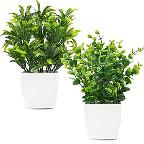 Whonline 2pcs Artificial Mini Potted Plants Fake Plastic Eucalyptus Leaves Plants for Home Office Desk Room Greenery Decoration