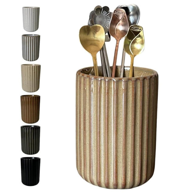 Stoneware Coffee Bar Utensil Holder Tea & Coffee Spoon & Stirrer Holder for Stir Stick Straw Teaspoon Holder Spoon Cup Small Utensil Jar Fluted Vertical Stripe (Rustic Brown)