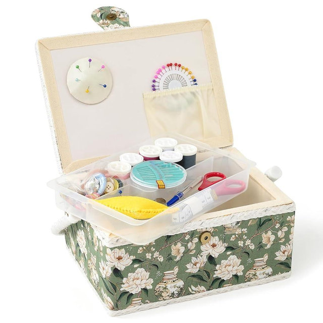 FOPUGT Sewing Basket - Medium Sewing Box for Sewing Supplies, Sewing Organizer Box Sewing Kit Storage Christmas Gift for Sewing Enthusiast (Bean Green)
