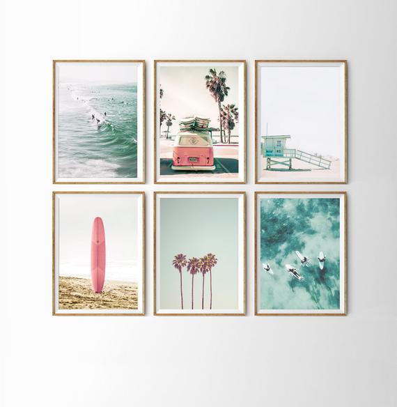 Surfer Art Set of 6 Prints Large Beach Wall Art California Wall Art Surf Poster Pink Surfboard Print Surf board Printable Wall Art Coastal