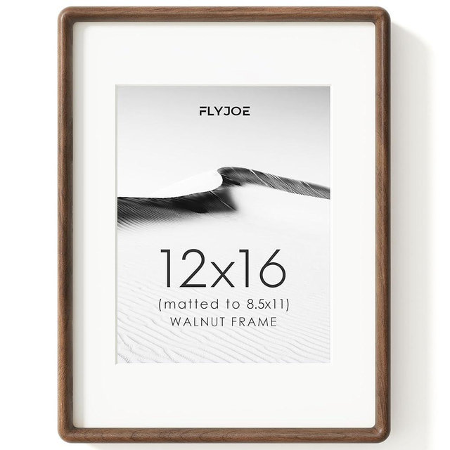 FLYJOE 12x16 Picture Frame, Natural Solid Walnut Wood Photo Collage Frame with HD Tempered Glass, Rounded Corner Wooden Frame 12 x 16 Matted to 8.5x11, Gallery Wall Frames for Art, Wall or Tabletop Display