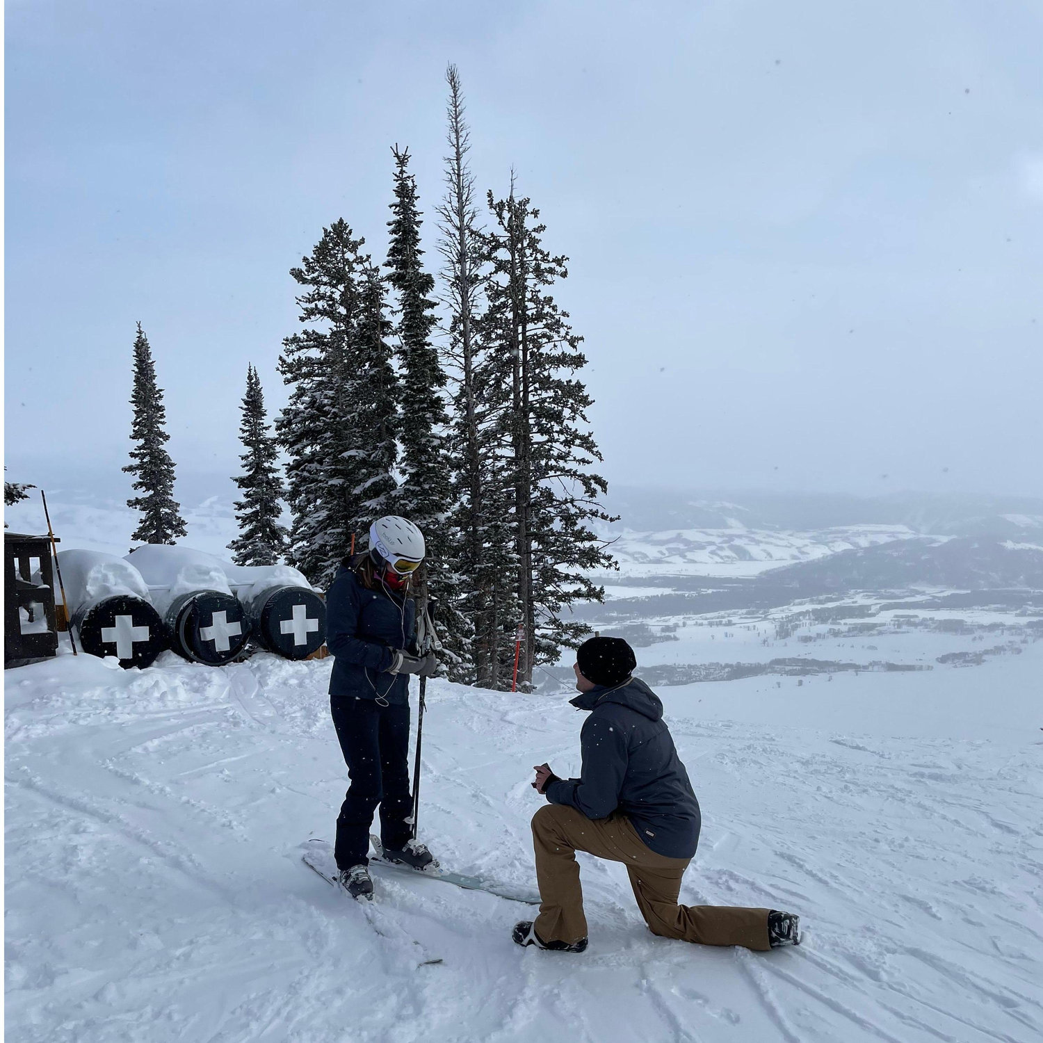 So surprised that she didn't take off her skis, headphones, or her helmet.