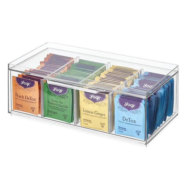 iDesign 72110 Crisp BPA-Free Plastic Stackable Packet Storage Drawer with Lid for Kitchen Cabinets and Countertops, 12.59" x 6.23" x 4.57", Tea Organizer