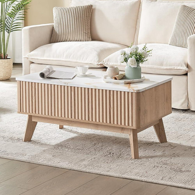 Auzonimics Lift Top Coffee Table with Faux Marble Tabletop, Mid Century Modern Coffee Table for Living Room,Wooden Fluted Rising Pull up Entertainment Center with Hidden Storage Drawer for Office, Oak
