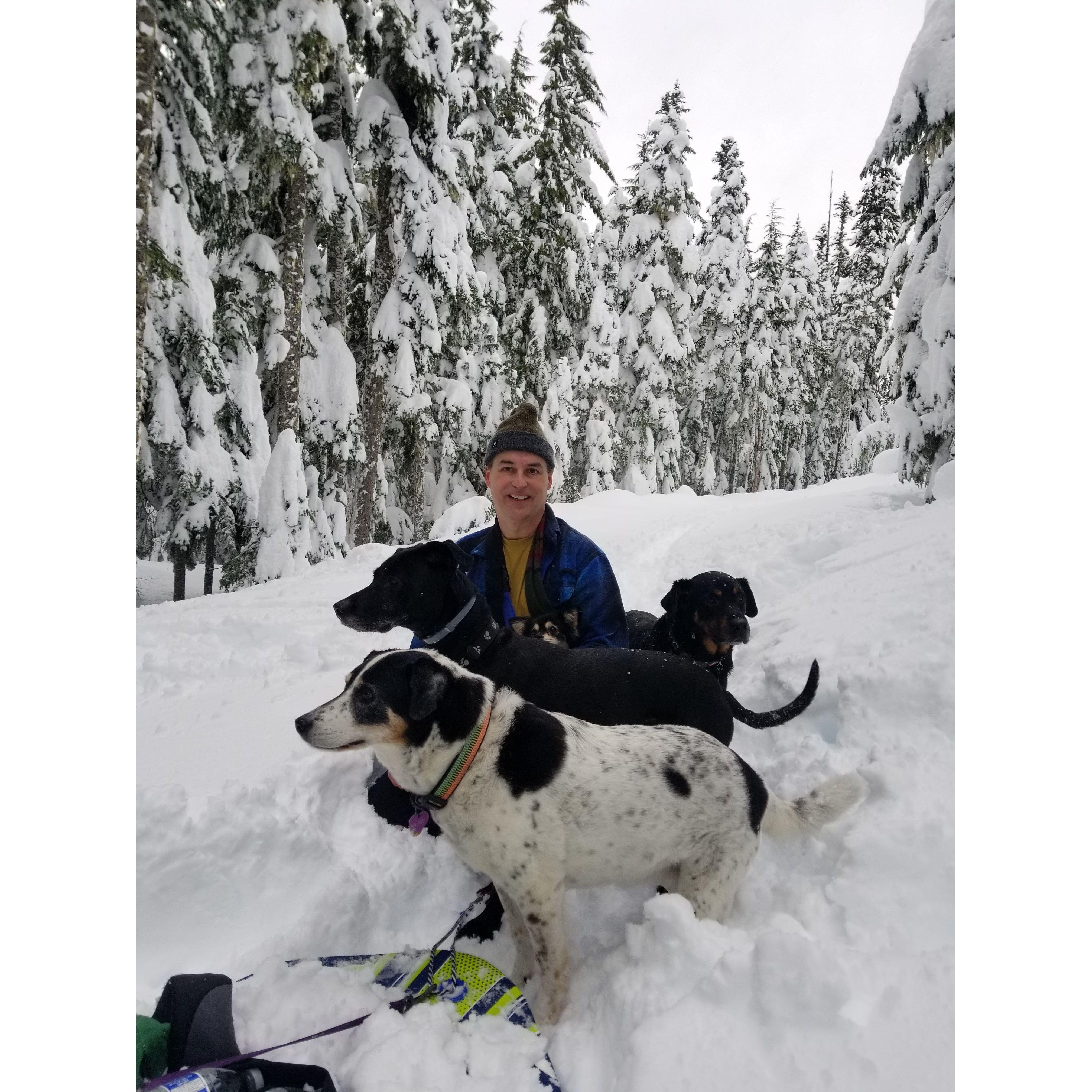 We love being in the snow and with the dogs.