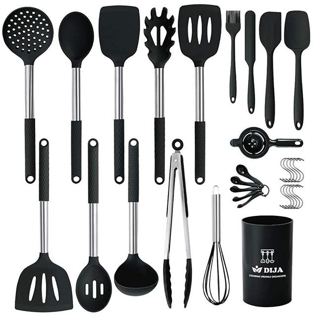 Silicone Cooking Utensils Set, Kitchen Utensils 31pcs Cooking Utensils Set, Heat Resistant Non-stick Silicone Kitchen Spatula Set with Stainless Steel Handle - Black (BPA Free, Non Toxic)