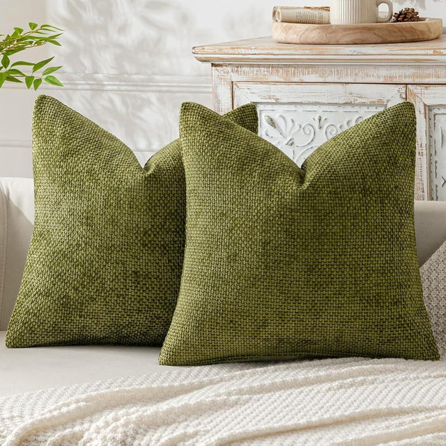 MIULEE Pack of 2 Olive Green Decorative Pillow Covers 18x18 Inch Soft Chenille Couch Throw Pillows Farmhouse Cushion Covers for Home Decor Sofa Bedroom Living Room