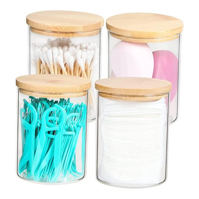 BKYFPQ 4 Pack Glass Qtip Holder Dispenser Bathroom Jars with Bamboo Lids, Cotton Ball Pad Round Swab Holder for Bathroom Accessories Storage Organizer,Farmhouse Bathroom Decor, Boho Bathroom Decor.