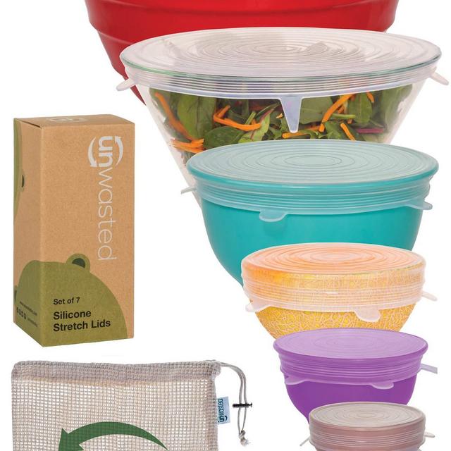 Unwasted Silicone Stretch Lids- Set Of 7 Incl. Exclusive XL Size- Reusable Versatile Silicon Covers- Fits Any Container or Bowl To Keep Food Fresh- Store Reheat- Easy Clean- Bonus Storage Bag