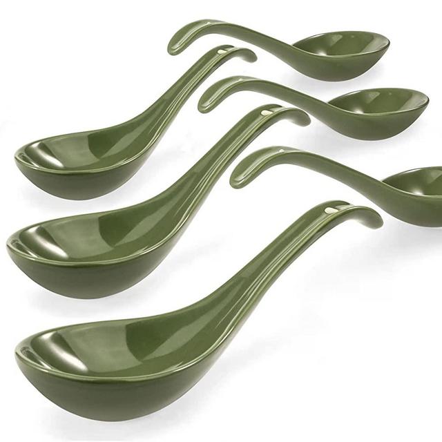 Artena 6.75 inch Solid Asian Soup Spoon Set of 6,Ultra-fine Porcelain Japanese Soup Spoon,Ramen Spoons for Pho Noodles Miso, Chinese Soup Spoons for Dumpling Wonton Cereal, Deep Oval Hook Design-Green