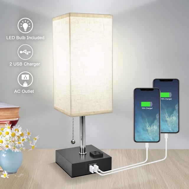 Bedside Table Lamp, Nightstand Lamp for Bedroom with Daylight Color, Winshine Modern Minimalist Lamps with USB Charging Port Outlet, Black Square Linen Fabric Shade Brushed Steel Lamp with Pull Chain