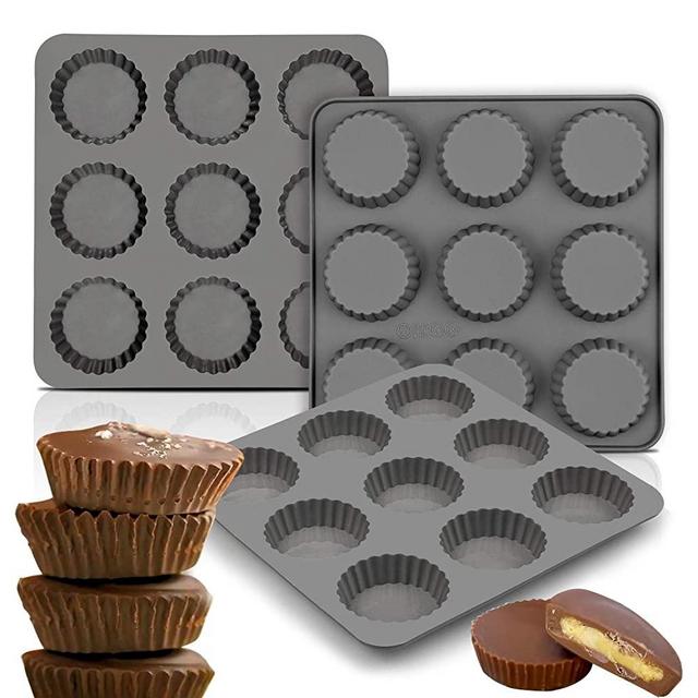 Palksky (3PCS) 9 Cup Bite Size Chocolate Almond Peanut Butter Cup Mold/Fat Bombs Snack Baking Pan/Mini Silicone Cookie Candy Mold for Brownie, Jello, truffle