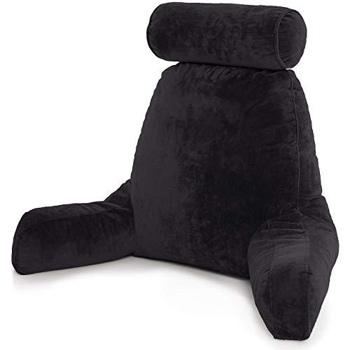 Husband Pillow - Black, Big Backrest Reading Bed Rest Pillow with Arms, Plush Memory Foam Fill, Remove Neck Roll Off Bungee, Change Covers, Zipper On Shell of Bed Chair for Adjustable Loft