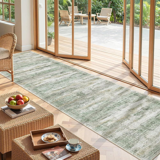 Restydon Long Rugs Runner - Washable Runner Rugs for Hallway 2x10, Ultra-Thin Soft Kitchen Carpet Runner, Anti Slip Backing Runner Rugs for Entrance, Bedroom, Living Room(2'x10', Green/Yellow/Ivory)