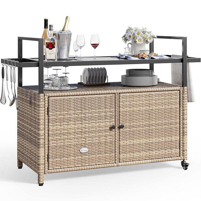 YITAHOME Portable Outdoor Wicker Table with Storage Cabinet, Black Glass Table Top for Patio, Poolside and Backyard (Light Brown)