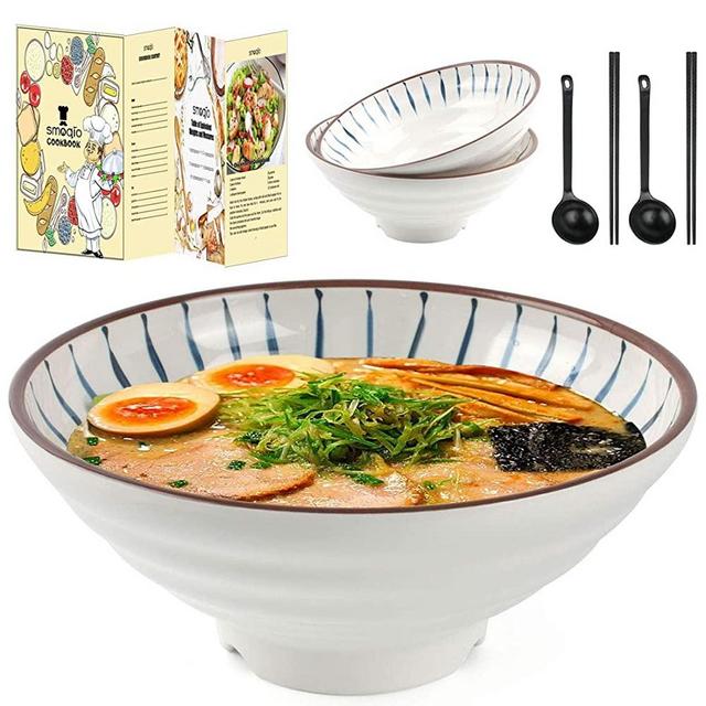SMOQIO Ramen Bowl, 6pcs (5A Melamine ) Ramen Bowls and Spoons Set, 34oz Noodle Bowl with Chopsticks, Spoons, Gift Box and Cooking EBook