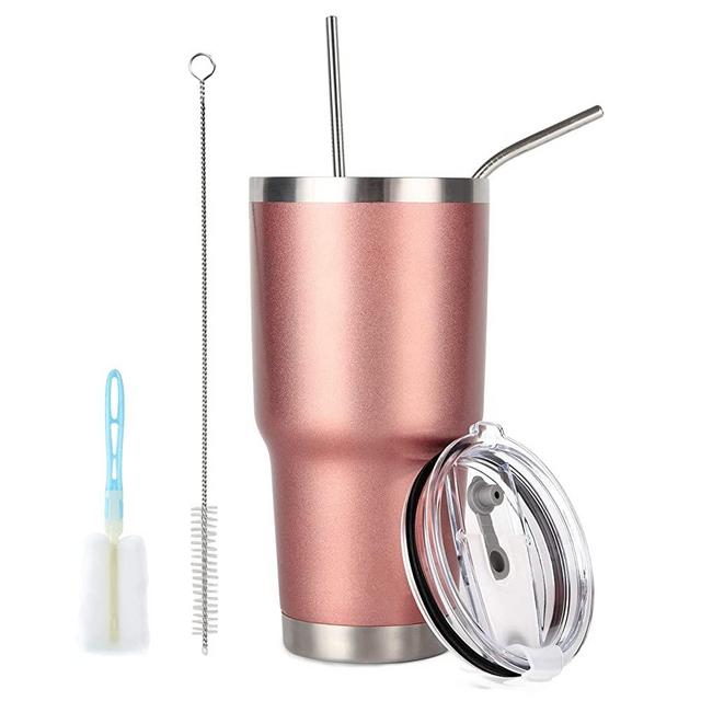 30oz Tumbler with Lid and Straw, Stainless Steel Vacuum Insulated Coffee Tumbler Cup, Double Wall Powder Coated Travel Mug for Woman and Men, Rose Gold