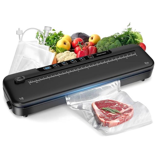 Vacuum Sealer Machine for Food Preservation, 6-in-1 Food Sealer for Freshness Storage, 75kpa Compact Vacuum Sealing Machine with External Sliding Blade, Digital Countdown Timer Black