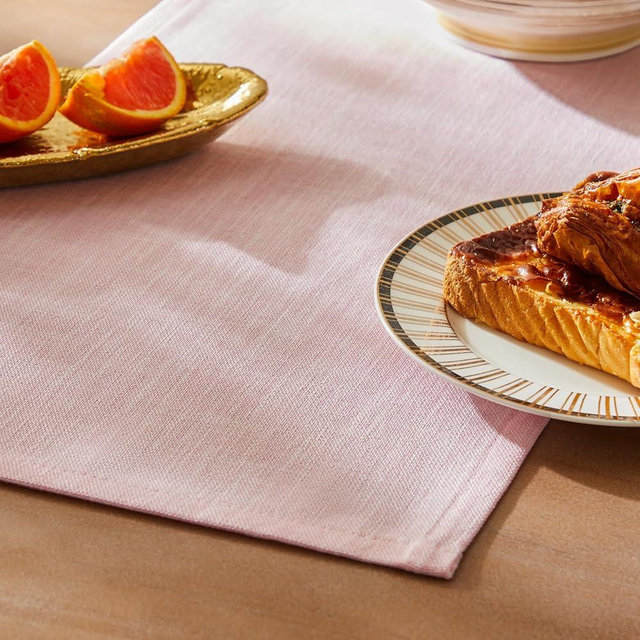 ZeeMart Rustic Cotton Linen Table Runner, 13x48 Inches Pink, Farmhouse Style Pink Table Runners 48 Inches Long, Washable Kitchen Dining Table Decoration for Home Party Decor